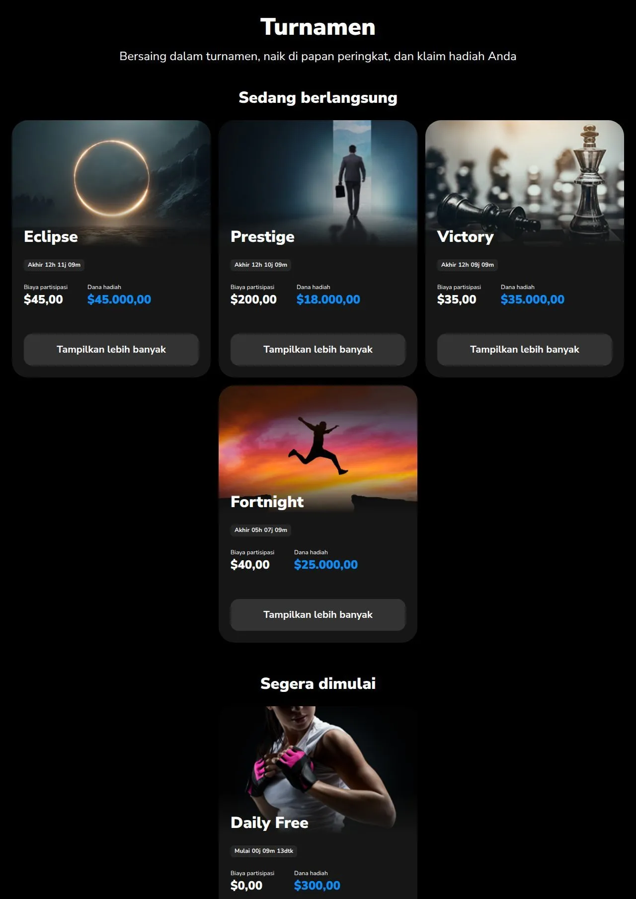 Halaman Tournaments resmi Stockity (Eclipse, Prestige, Victory, Fortnight, Daily Free)