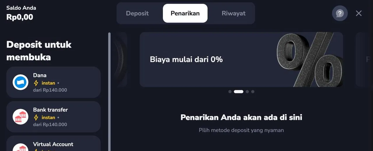 Kasir Stockity — tab Penarikan: daftar metode & "Biaya mulai dari 0%".