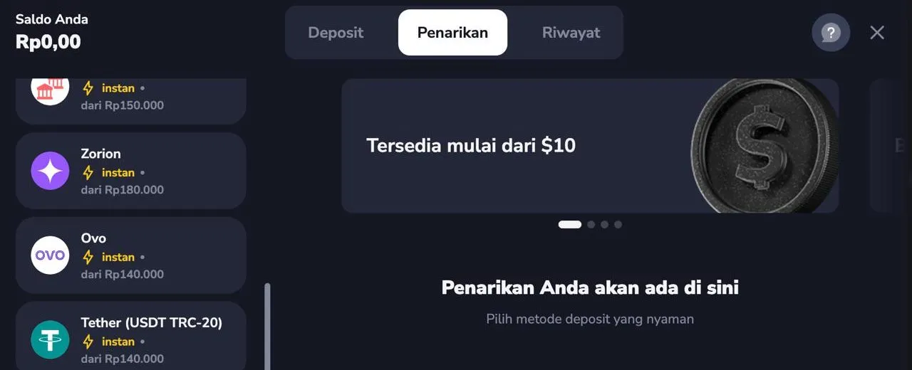 Kasir Stockity — tab Penarikan: metode kripto & "Tersedia mulai dari $10".